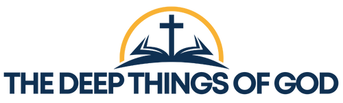 The Deep Things of God Blog log - a open Bible, a cross in the middle, and an arch above with text below